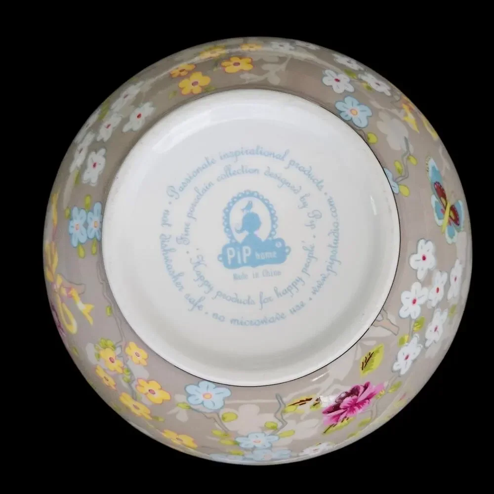 PiP Home Floral Butterfly Porcelain Mixing Bowl Gray Multicolor
